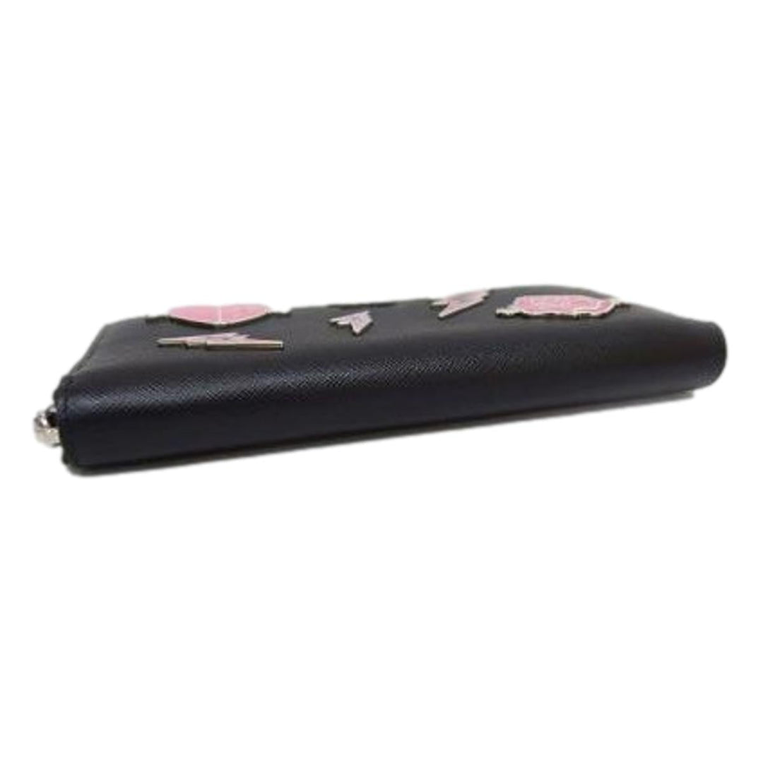Prada Black Saffiano Leather Frankenstein Heart Rose Zip Around Wallet 1ML506