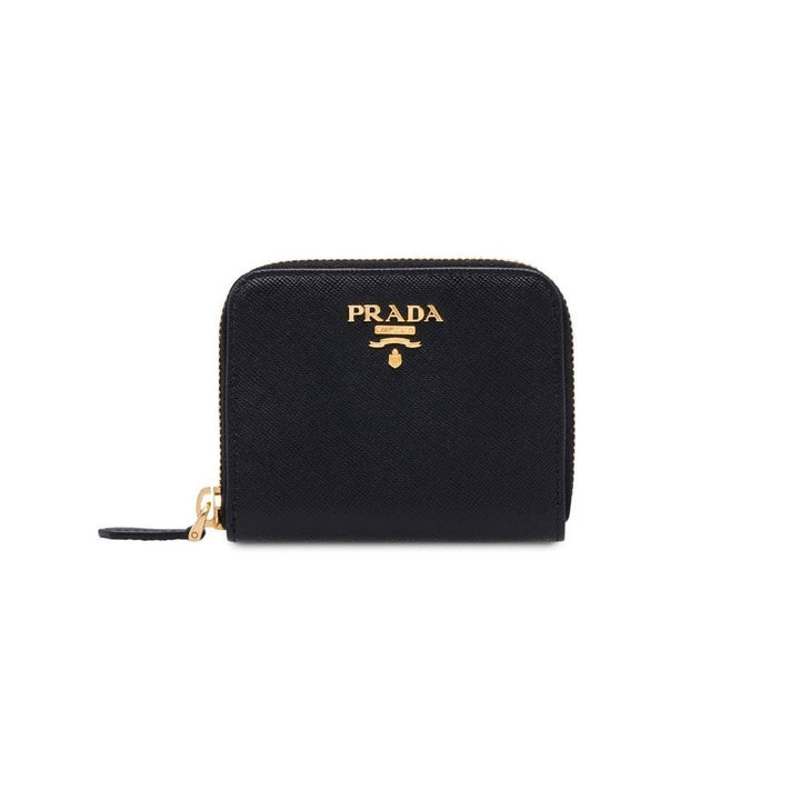 Prada Black Saffiano Leather Gold Zip Coin Purse Wallet 1MM268