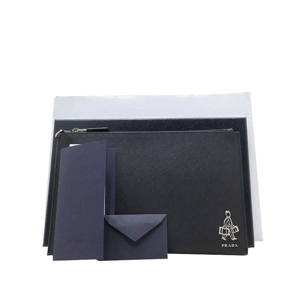 Prada Black Saffiano Voyage Leather Clutch Document Holder 2NG005