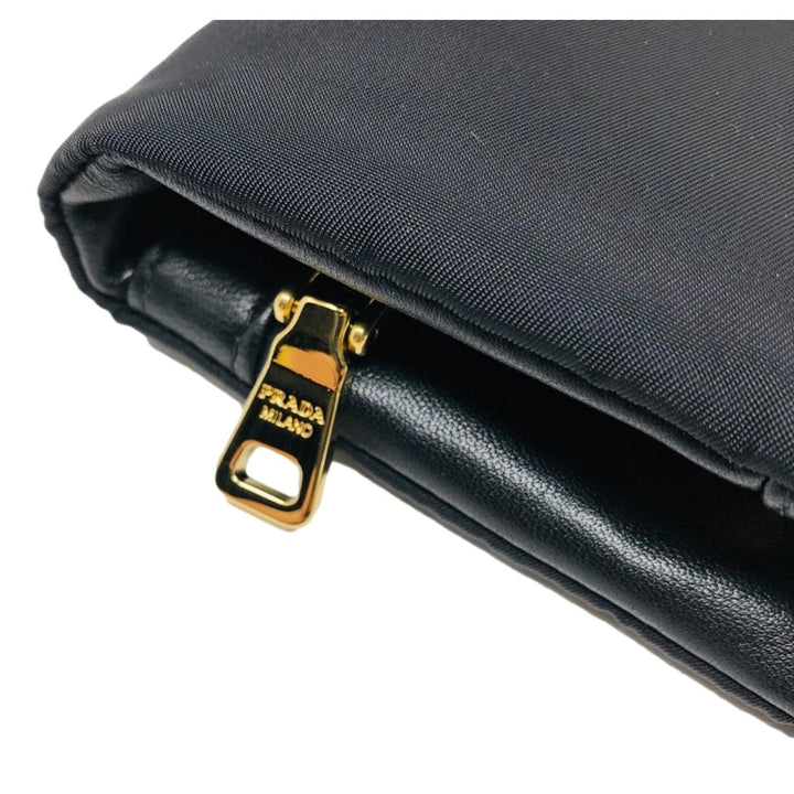 Prada Black Tessuto Nylon Calfskin Leather Wallet Clutch Bag 1MS001