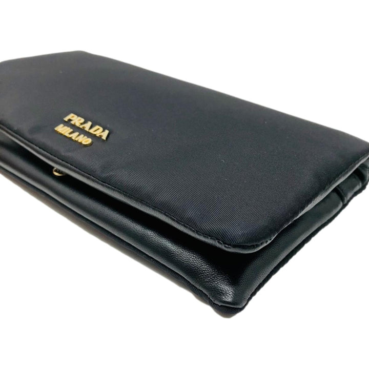 Prada Black Tessuto Nylon Calfskin Leather Wallet Clutch Bag 1MS001
