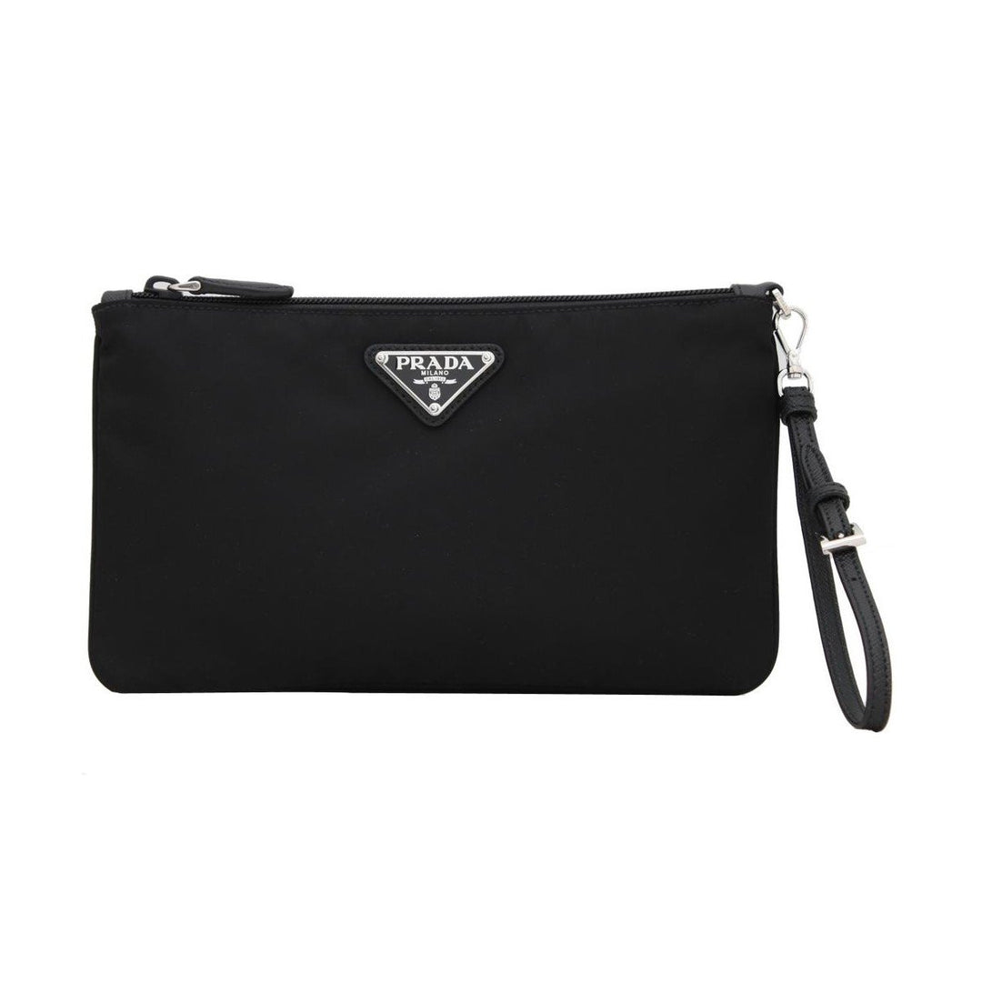 Prada Black Tessuto Nylon Pouch Prada Logo Wristlet Clutch Bag 1NH545