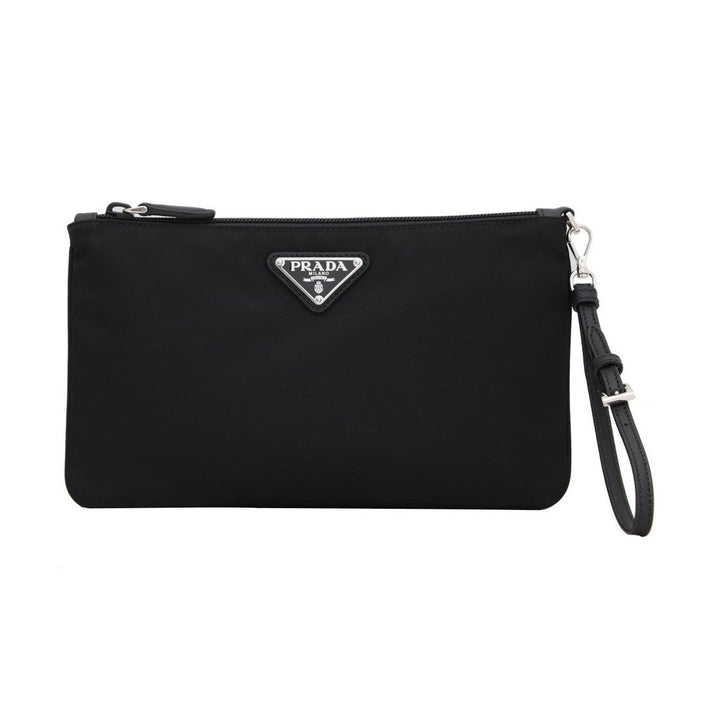 Prada Black Tessuto Nylon Pouch Prada Logo Wristlet Clutch Bag 1NH545