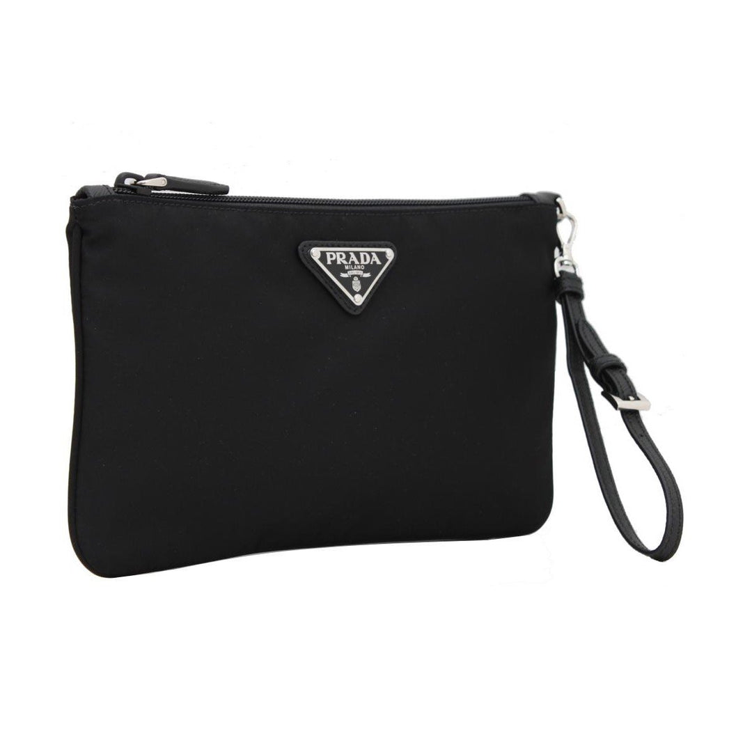 Prada Black Tessuto Nylon Pouch Prada Logo Wristlet Clutch Bag 1NH545