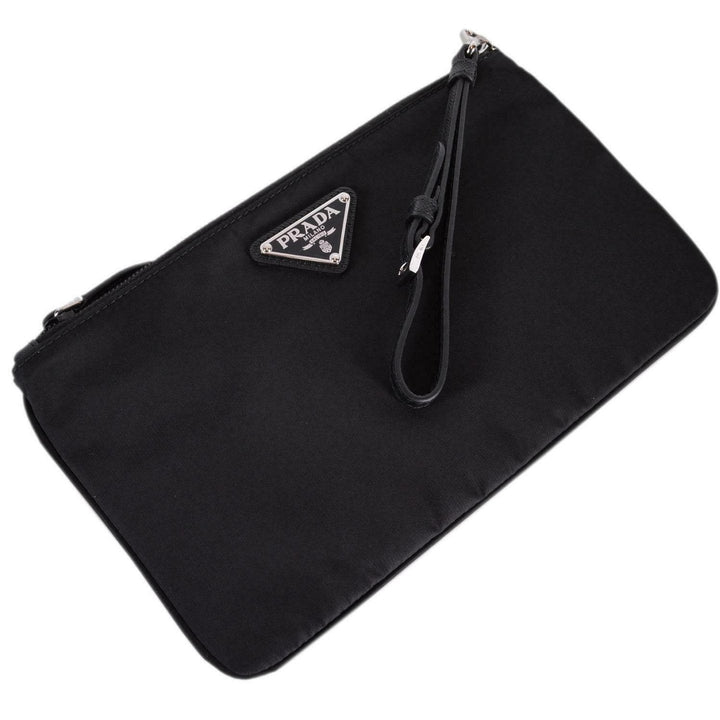 Prada Black Tessuto Nylon Pouch Prada Logo Wristlet Clutch Bag 1NH545