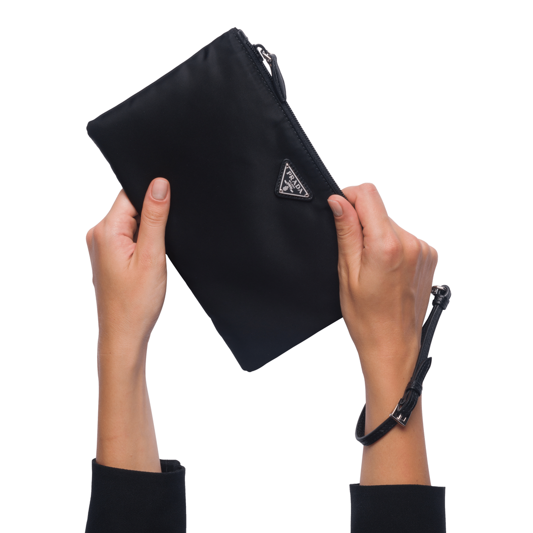 Prada Black Tessuto Nylon Pouch Prada Logo Wristlet Clutch Bag 1NH545
