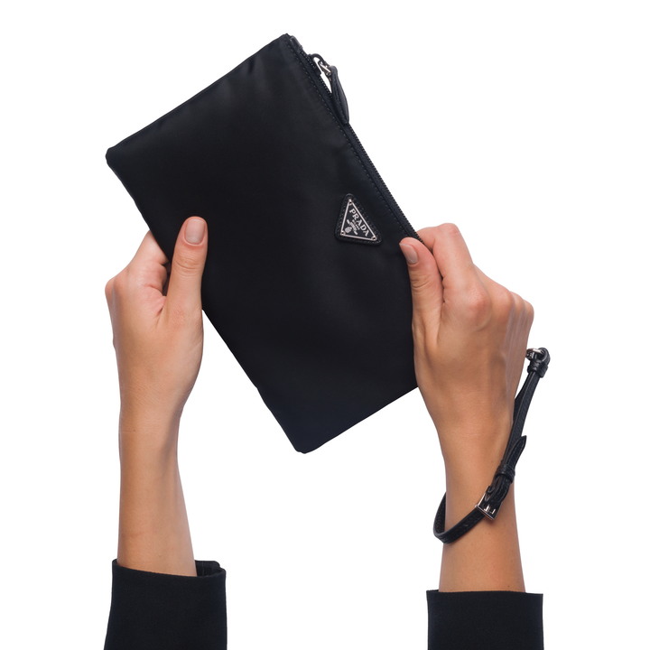 Prada Black Tessuto Nylon Pouch Prada Logo Wristlet Clutch Bag 1NH545
