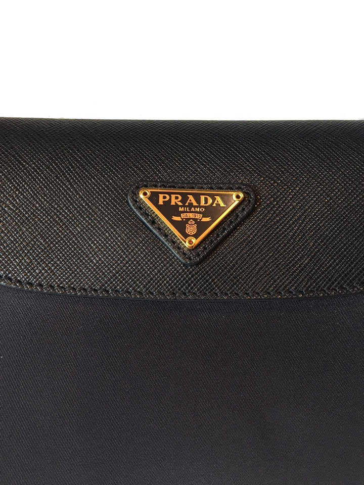 Prada Tessuto Nylon Saffiano Trim Chain Black Cross Body Bag 1BH085