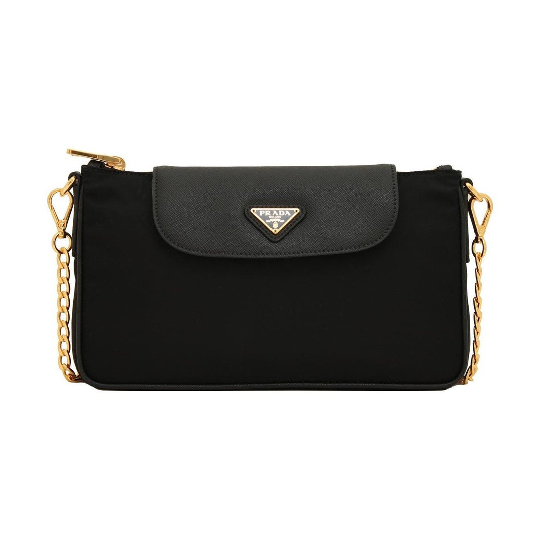 Prada Tessuto Nylon Saffiano Trim Chain Black Cross Body Bag 1BH085