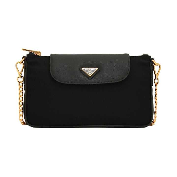 Prada Tessuto Nylon Saffiano Trim Chain Black Cross Body Bag 1BH085