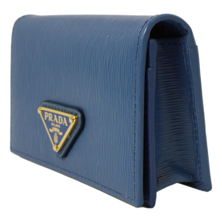 Prada Blue Vitello Move Leather Triangle Logo Card Case Wallet 1MC122