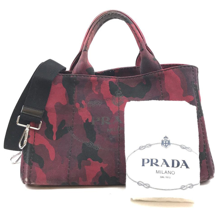 Prada Canapa Logo with Detachable Adjustable Strap Handbag Tote Camouflage Bordeaux Black Denim Shoulder Bag