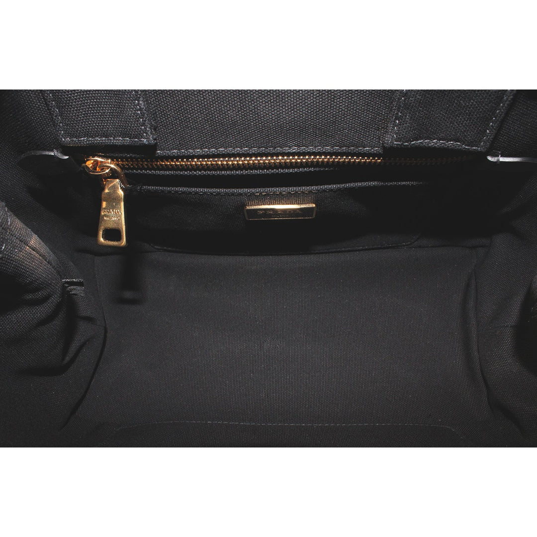 Prada Canapa Beige Woven Straw Black Canvas Trim Tote Handbag 1BG155