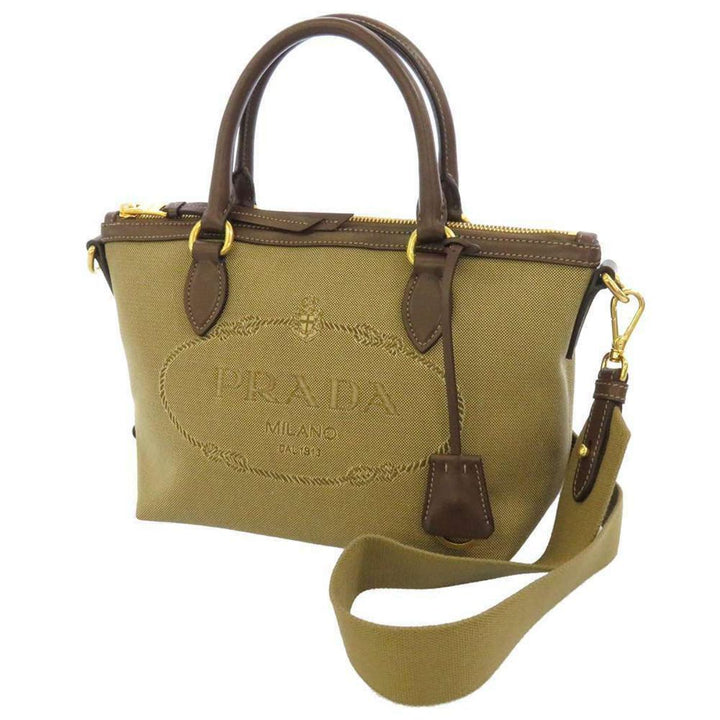 Prada Canvas Jacquard Logo Brown Leather Trim Small Satchel 1BA111