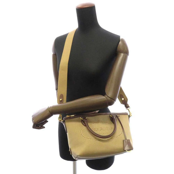 Prada Canvas Jacquard Logo Brown Leather Trim Small Satchel 1BA111