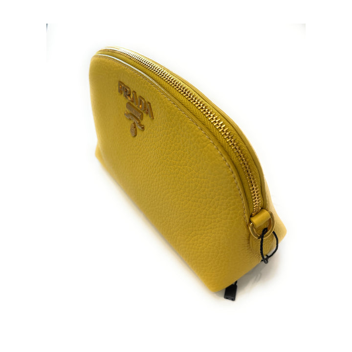 Prada Yellow Vitello Daino Pouch Vanity Cosmetic Case 1ND005