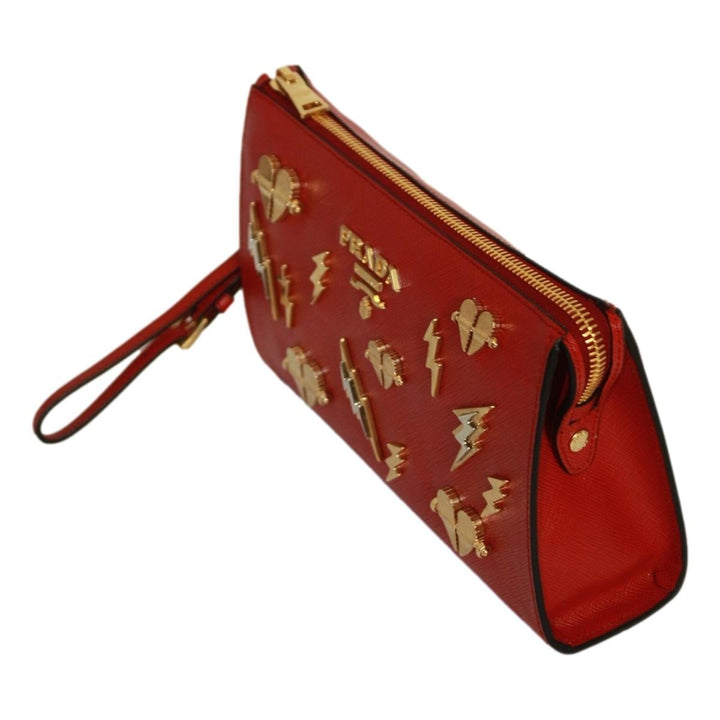 Prada Fuoco Red Saffiano Leather Gold Hearts Pouch Wristlet Bag 1NE007