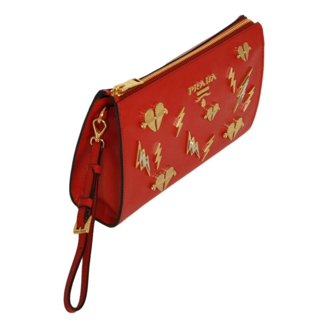 Prada Fuoco Red Saffiano Leather Gold Hearts Pouch Wristlet Bag 1NE007