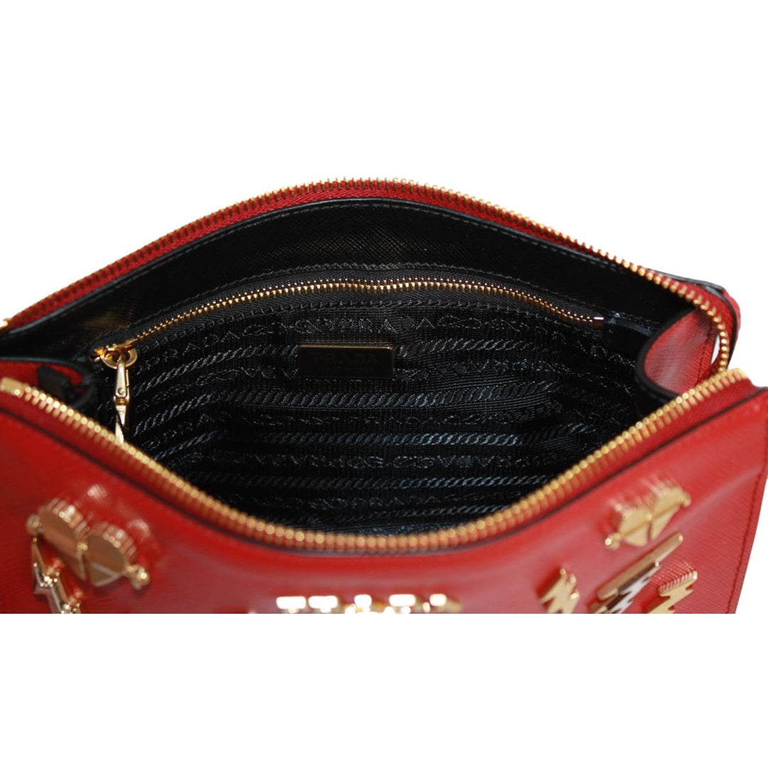 Prada Fuoco Red Saffiano Leather Gold Hearts Pouch Wristlet Bag 1NE007