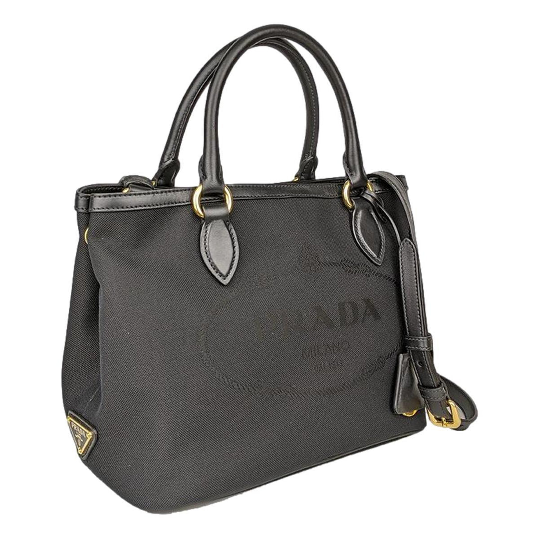 Prada Logo Jacquard Black Soft Calf Leather Trim Cross Body Bag 1BA172