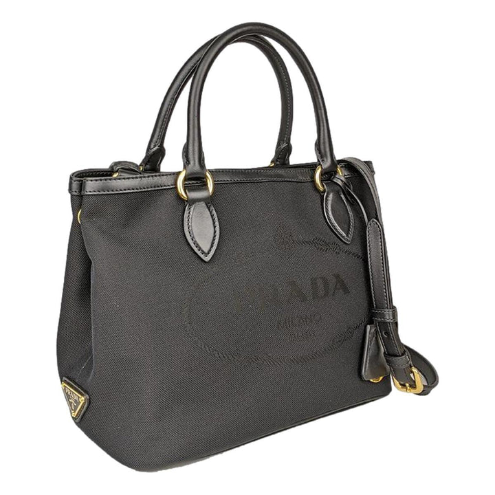 Prada Logo Jacquard Black Soft Calf Leather Trim Cross Body Bag 1BA172