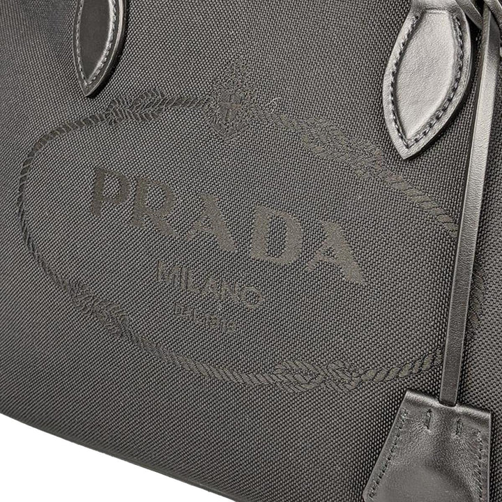 Prada Logo Jacquard Black Soft Calf Leather Trim Cross Body Bag 1BA172