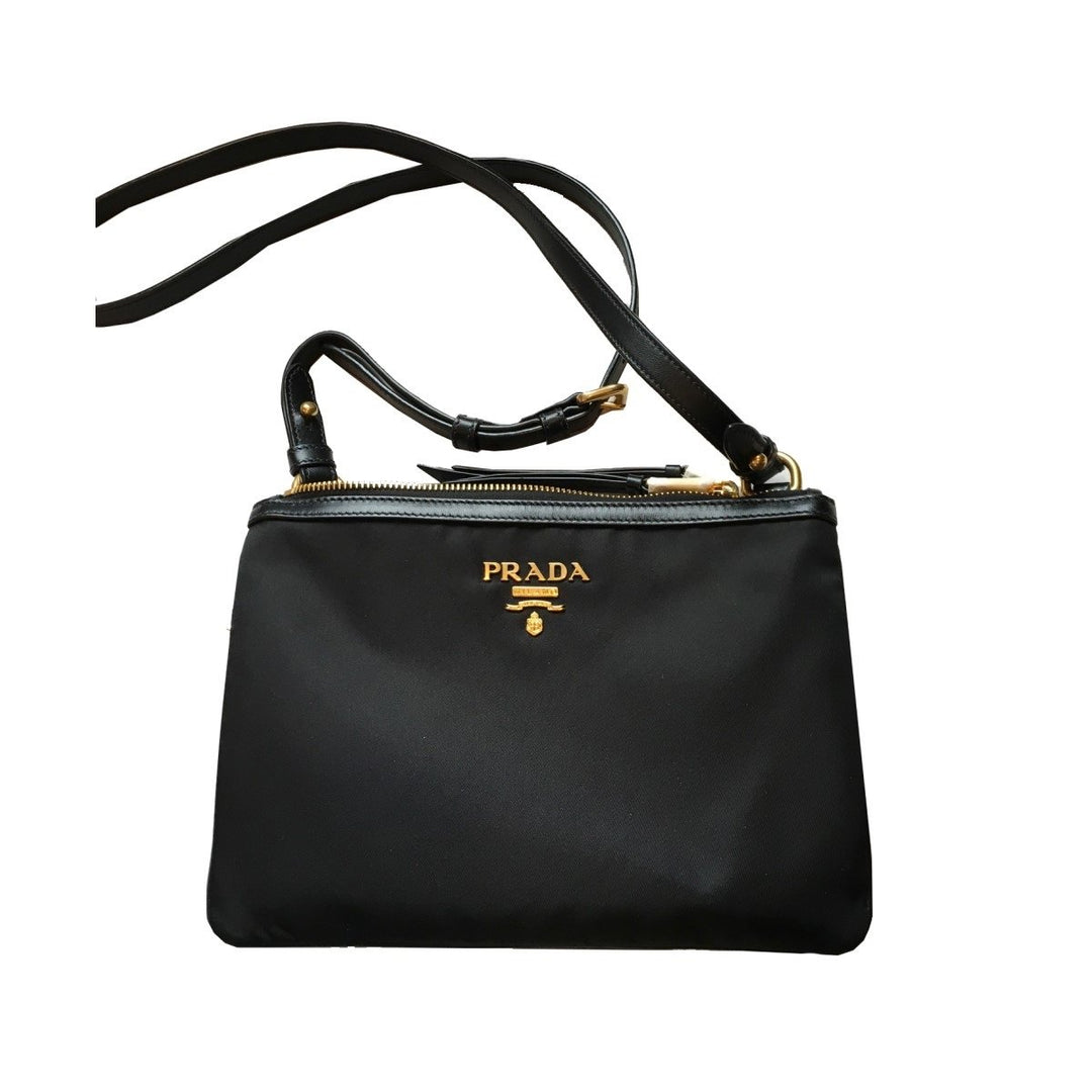 Prada Logo Tessuto Nylon Soft Calf Trim Black Cross Body Bag 1BH046