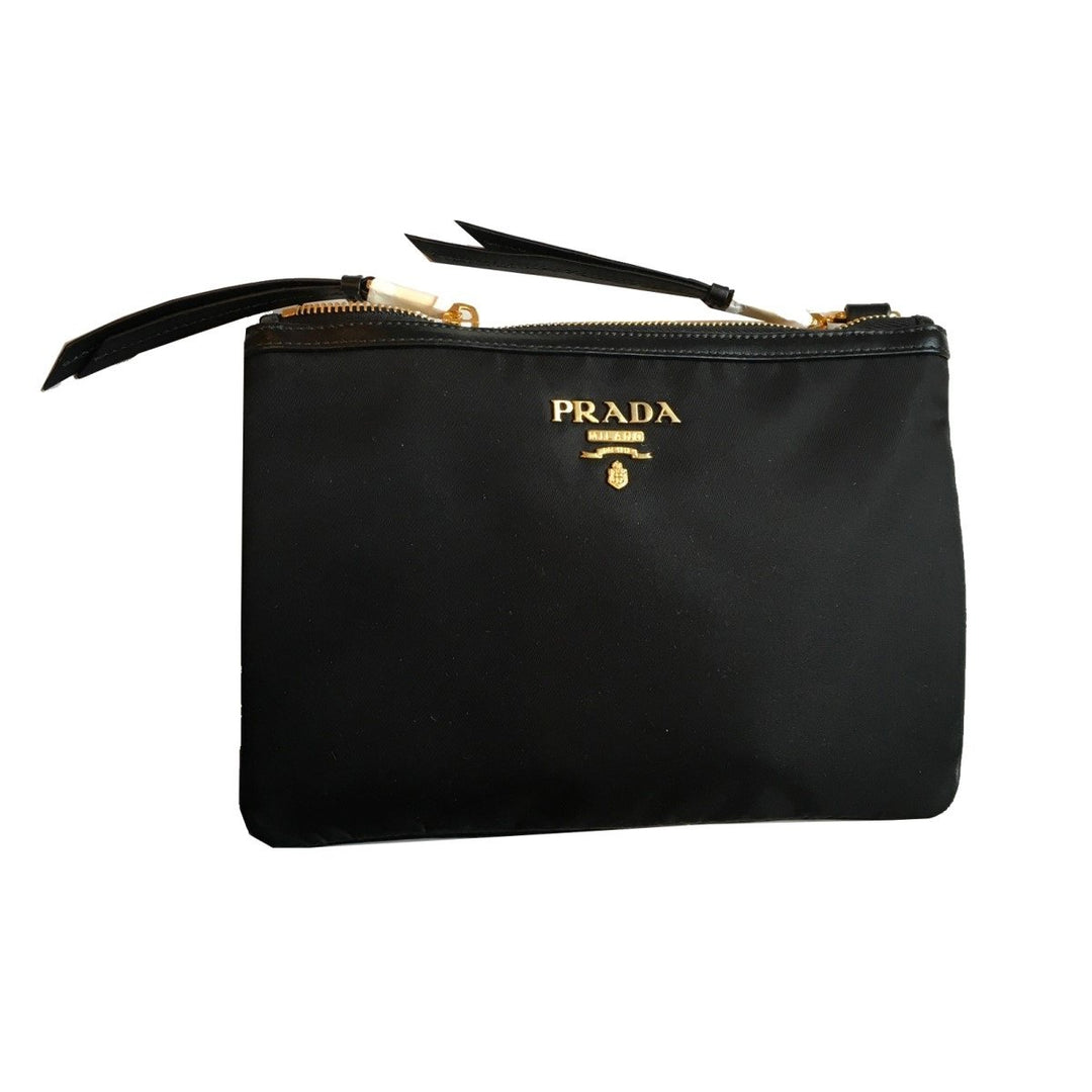 Prada Logo Tessuto Nylon Soft Calf Trim Black Cross Body Bag 1BH046