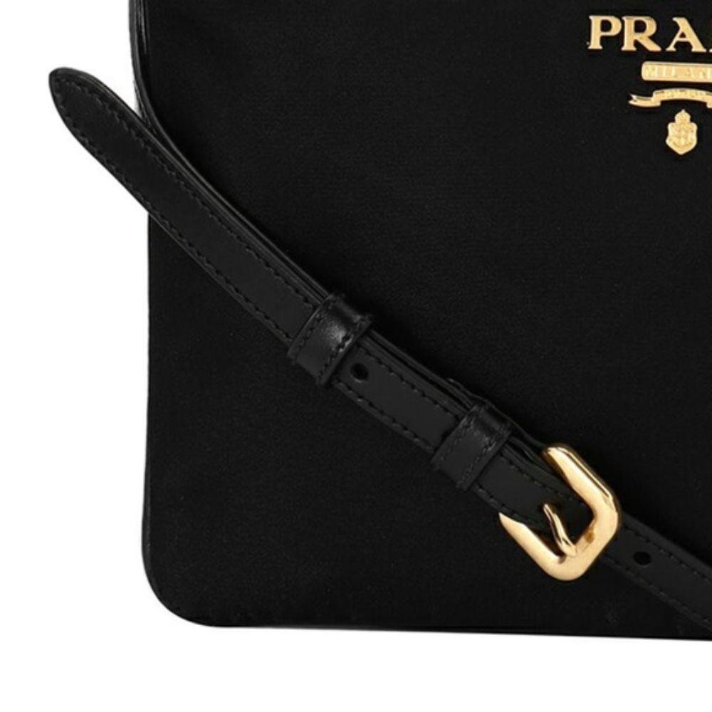 Prada Logo Tessuto Nylon Soft Calf Trim Black Cross Body Bag 1BH046
