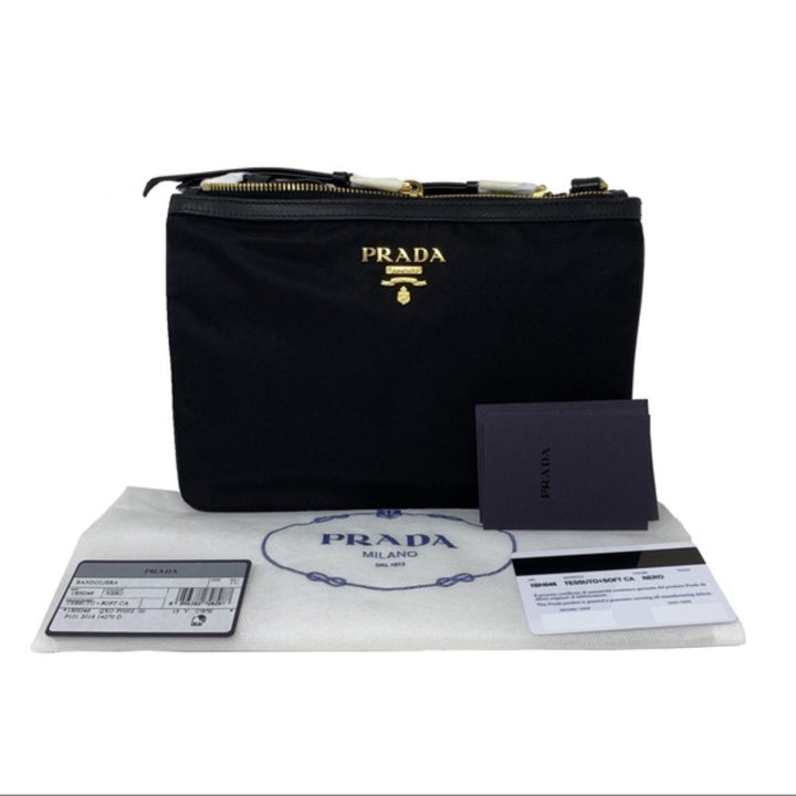 Prada Logo Tessuto Nylon Soft Calf Trim Black Cross Body Bag 1BH046