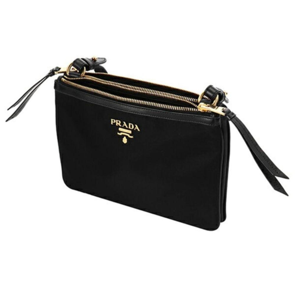 Prada Logo Tessuto Nylon Soft Calf Trim Black Cross Body Bag 1BH046