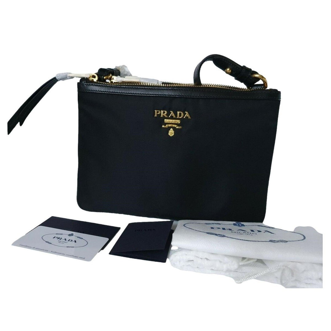 Prada Logo Tessuto Nylon Soft Calf Trim Black Cross Body Bag 1BH046