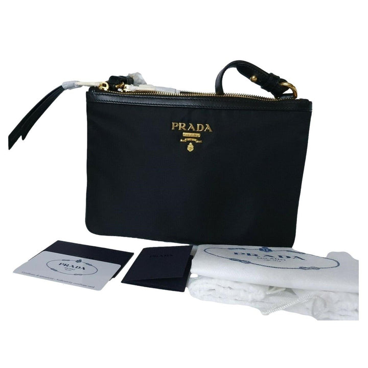 Prada Logo Tessuto Nylon Soft Calf Trim Black Cross Body Bag 1BH046