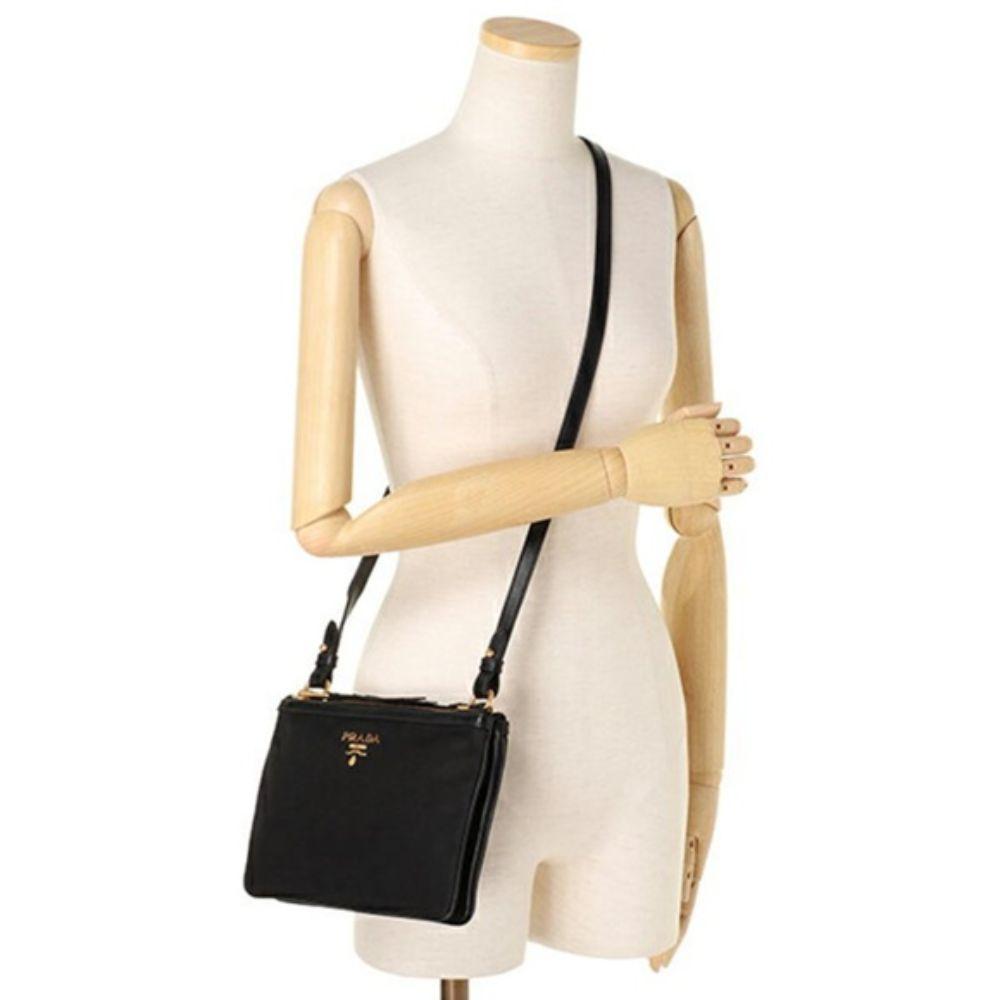 Prada Logo Tessuto Nylon Soft Calf Trim Black Cross Body Bag 1BH046