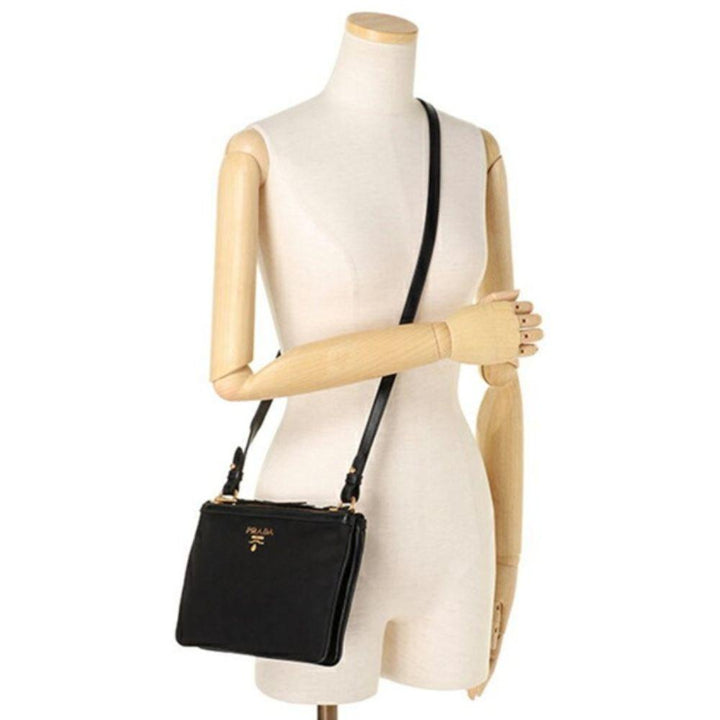 Prada Logo Tessuto Nylon Soft Calf Trim Black Cross Body Bag 1BH046