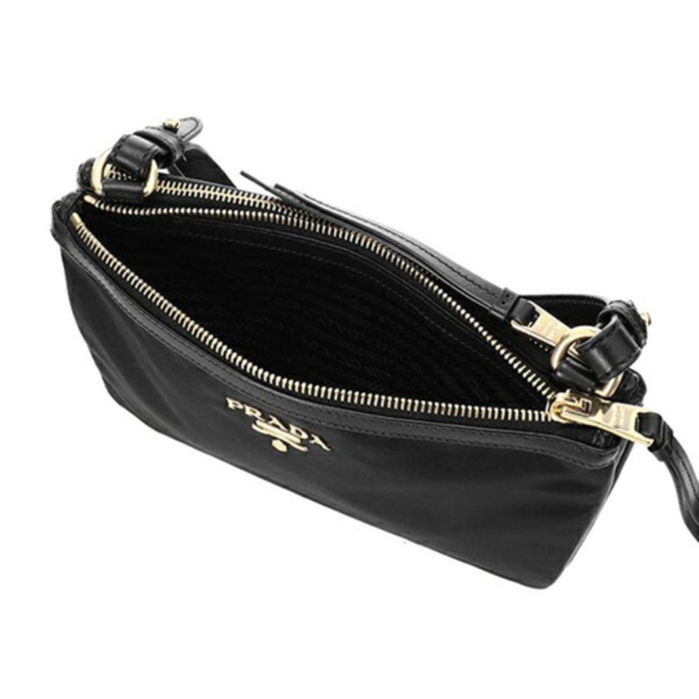 Prada Logo Tessuto Nylon Soft Calf Trim Black Cross Body Bag 1BH046