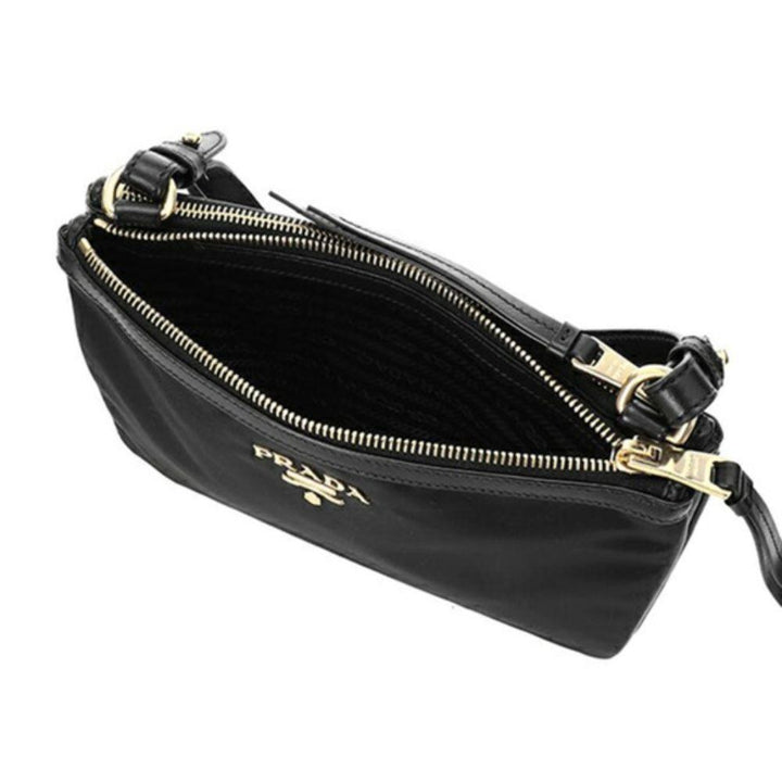 Prada Logo Tessuto Nylon Soft Calf Trim Black Cross Body Bag 1BH046