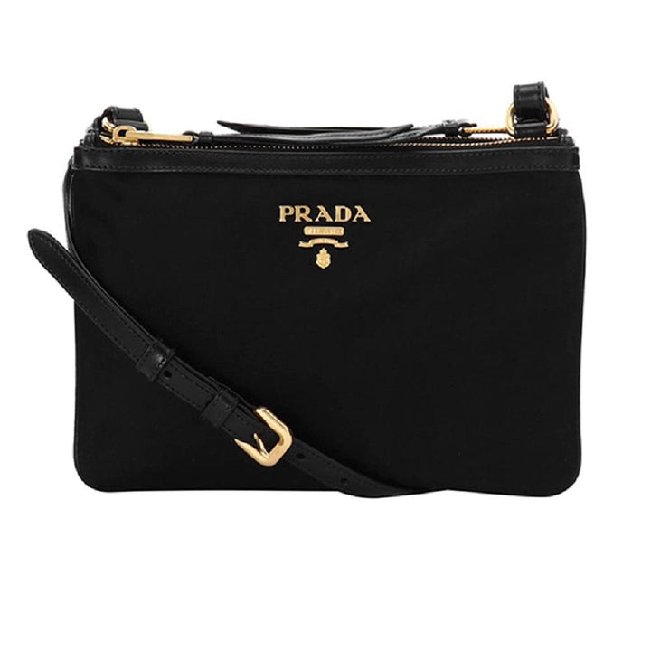 Prada Logo Tessuto Nylon Soft Calf Trim Black Cross Body Bag 1BH046