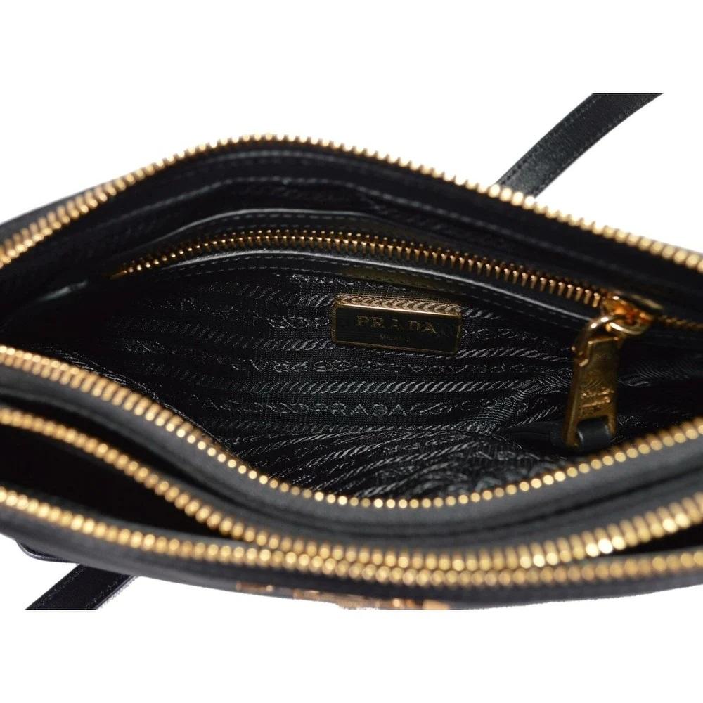 Prada Logo Tessuto Nylon Soft Calf Trim Black Cross Body Bag 1BH046