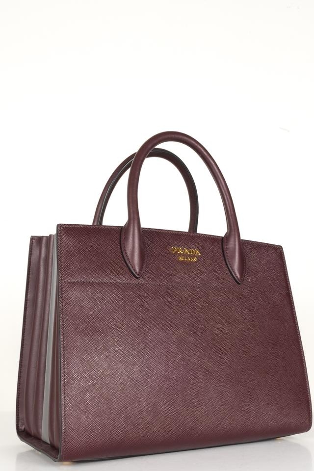 Prada Maroon Small City Biblioteque Tote Burgundy Saffiano Leather Shoulder Bag
