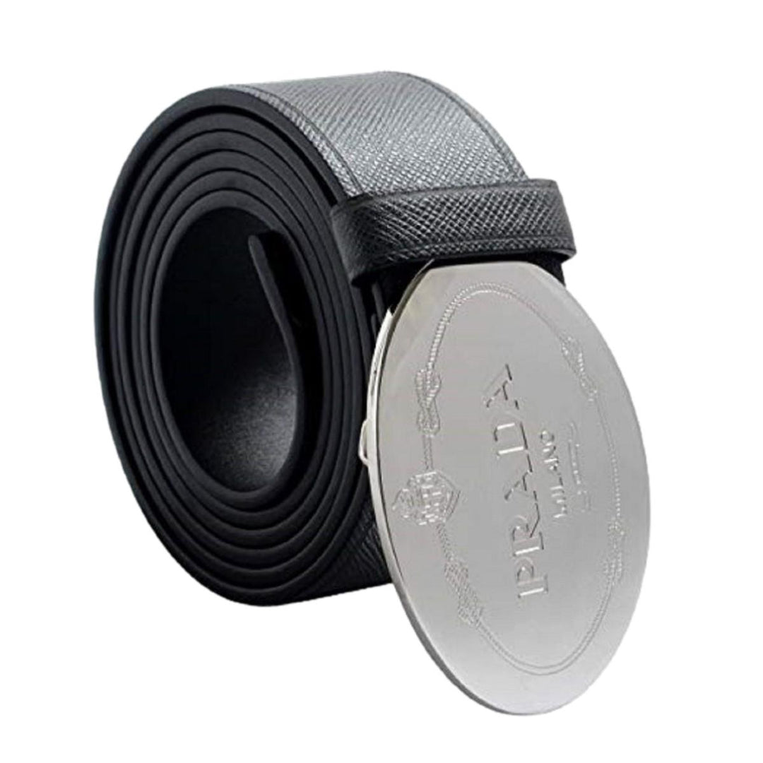 Prada Black Saffiano Leather Engraved Oval Plaque Buckle Size: 100/40 Belt 2CM046