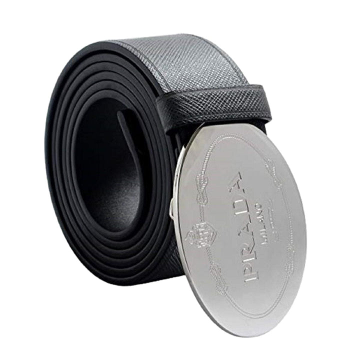 Prada Black Saffiano Leather Engraved Oval Plaque Buckle Size: 100/40 Belt 2CM046