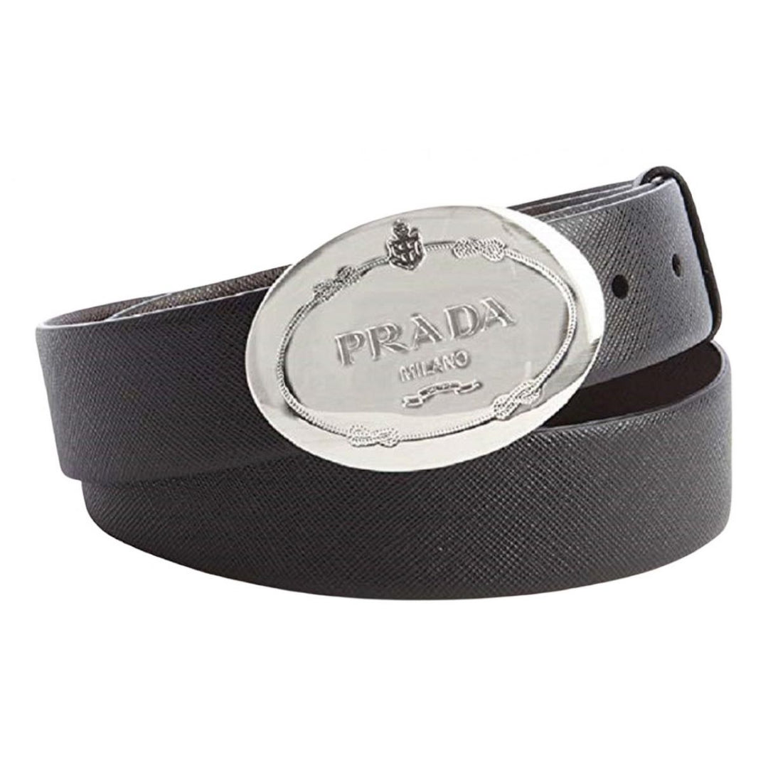 Prada Black Saffiano Leather Engraved Oval Plaque Buckle Size: 100/40 Belt 2CM046