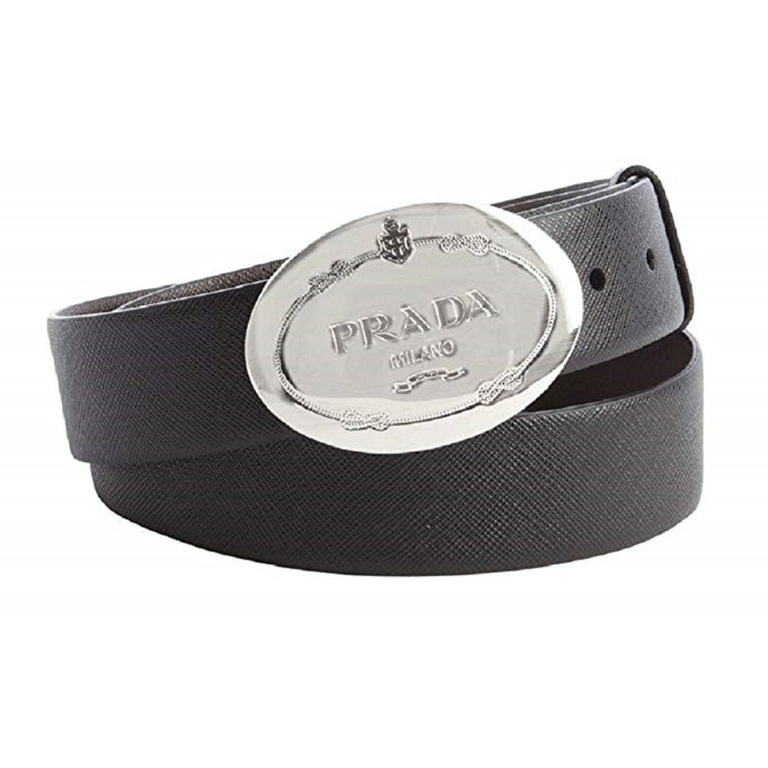 Prada Grey Saffiano Leather Engraved Oval Plaque Buckle Size: 105/42 Belt 2CM046