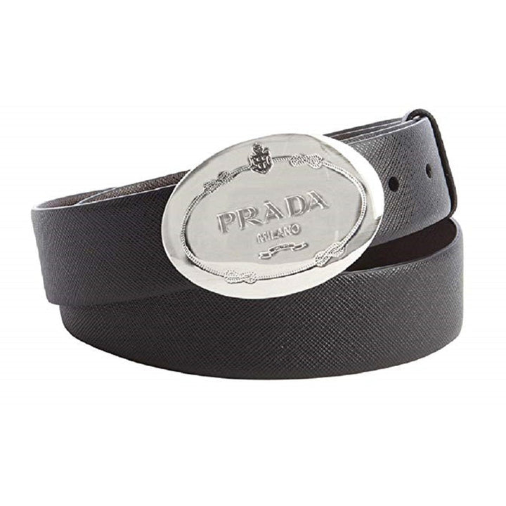 Prada Grey Saffiano Leather Engraved Oval Plaque Buckle Size: 105/42 Belt 2CM046
