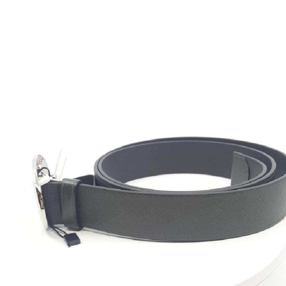 Prada Grey Saffiano Leather Engraved Oval Plaque Buckle Size: 105/42 Belt 2CM046