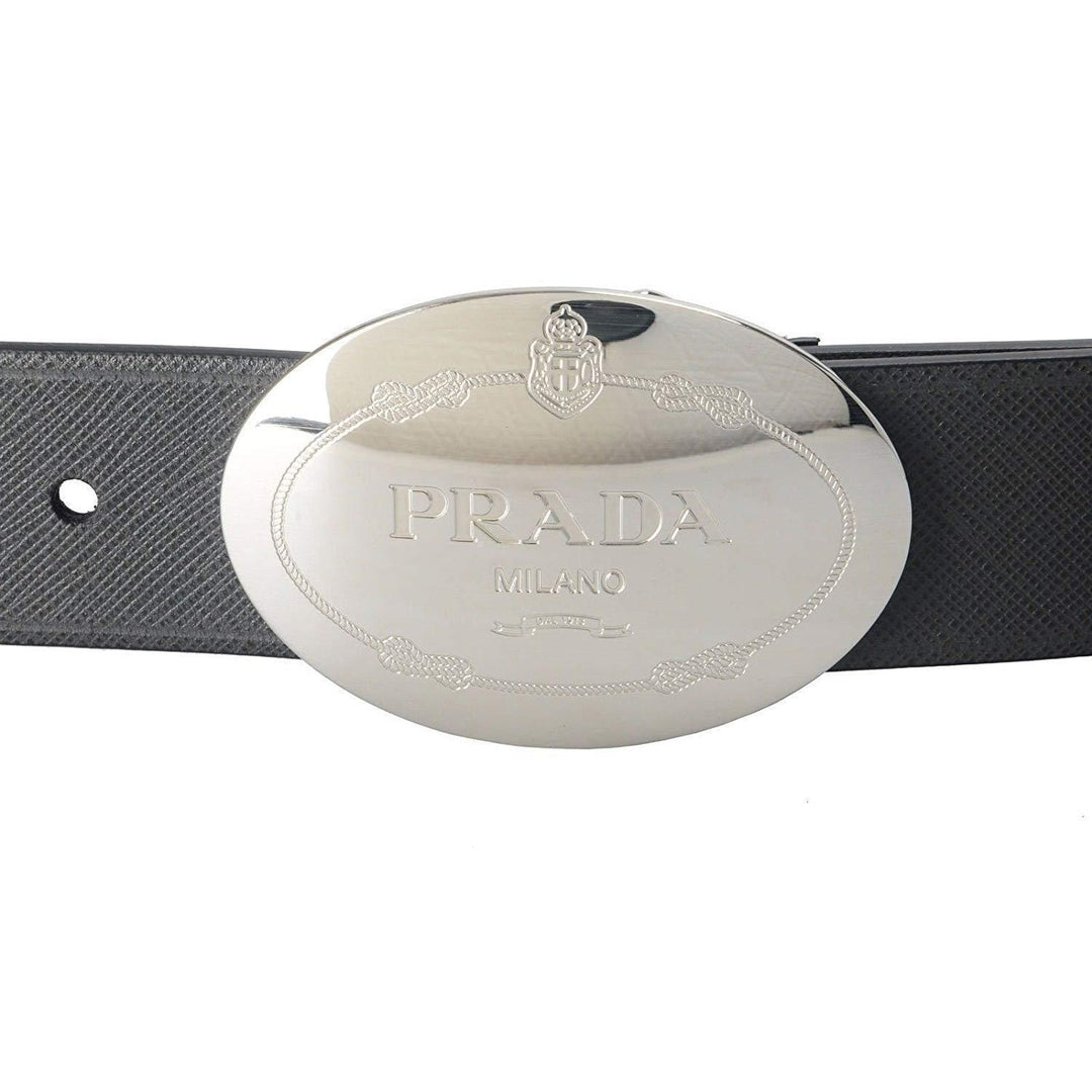 Prada Grey Saffiano Leather Engraved Oval Plaque Buckle Size: 105/42 Belt 2CM046