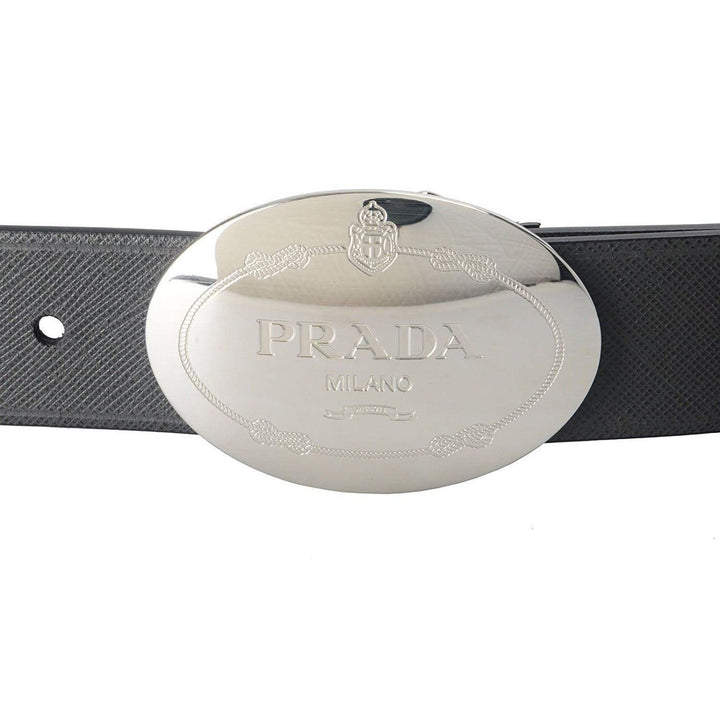 Prada Grey Saffiano Leather Engraved Oval Plaque Buckle Size: 105/42 Belt 2CM046