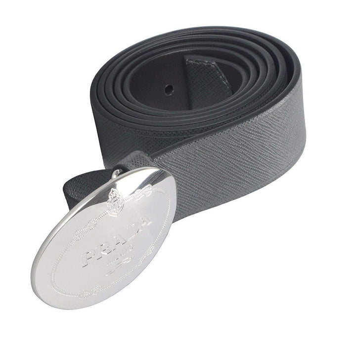 Prada Grey Saffiano Leather Engraved Oval Plaque Buckle Size: 105/42 Belt 2CM046