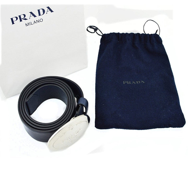 Prada Grey Saffiano Leather Engraved Oval Plaque Buckle Size: 105/42 Belt 2CM046